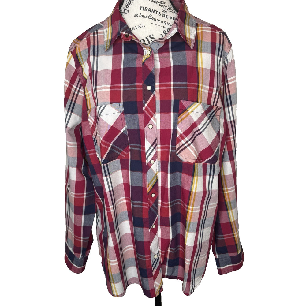Cato Women’s Blouse Size 18-20 Long Sleeve Snap Front Plaid Red Blue Roll Tab